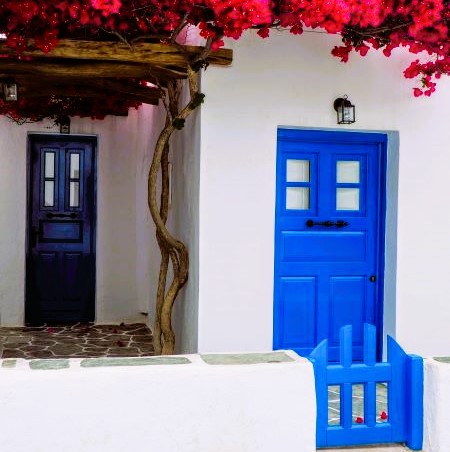 puerta a medida azul de una casa de pared blanca. Hay un árbol con hojas rosas.